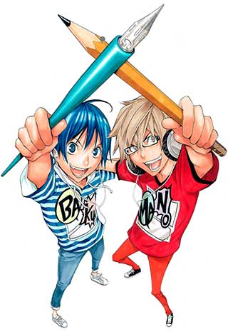 Dois desenhistas do anime Bakuman apontando o lápis para cima.